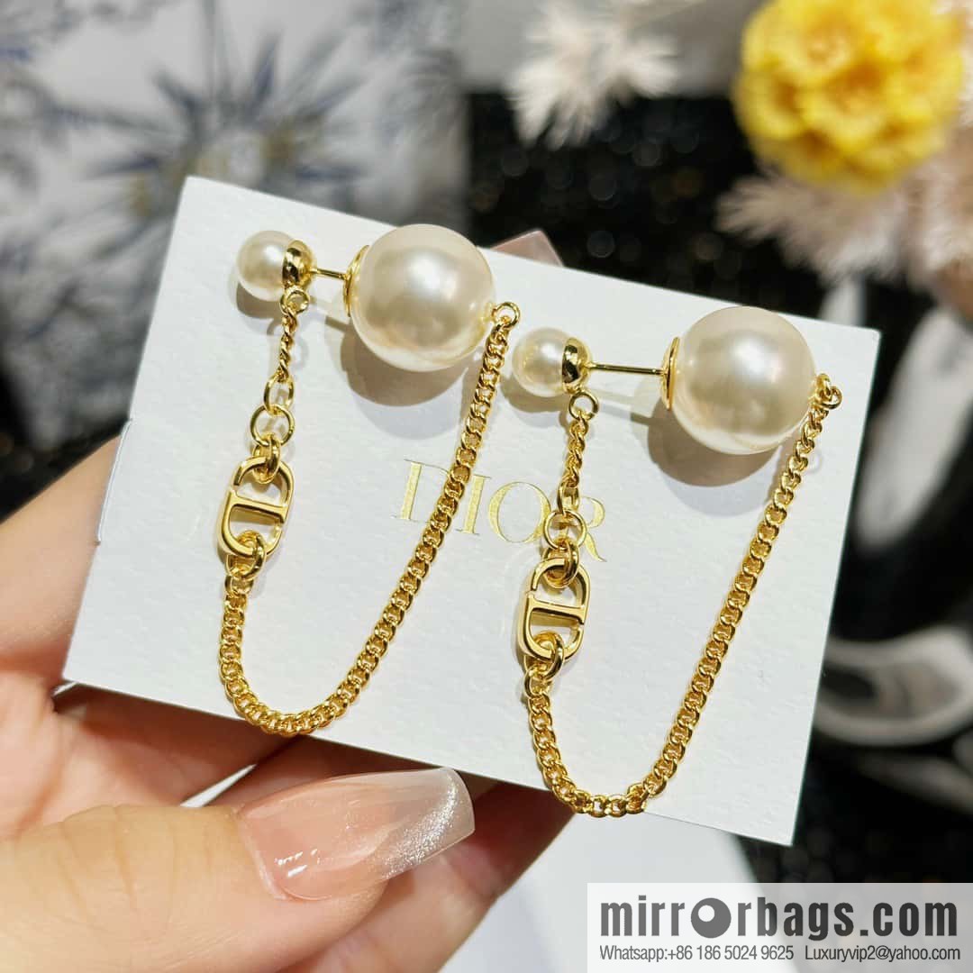 New ☑️ DIOR gold CD size pearl tassel stud earrings