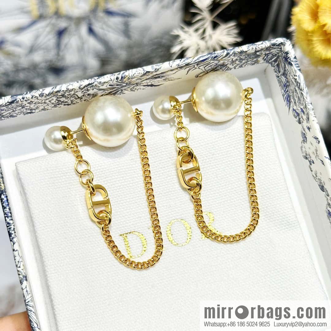 New ☑️ DIOR gold CD size pearl tassel stud earrings