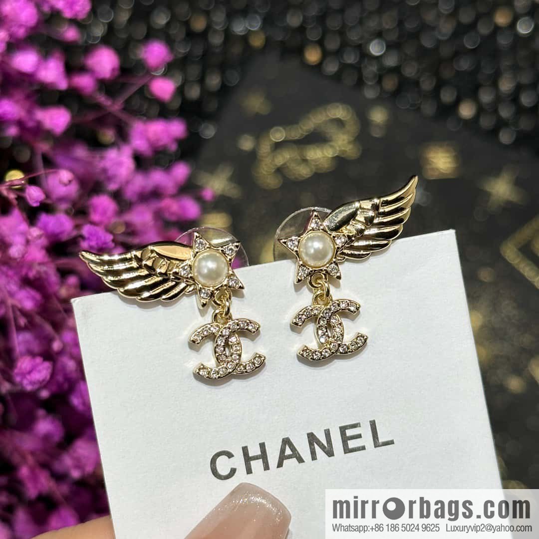 ☀️New ☑️ Chanel C2 double c wings pentagram ⭐ star stud earrings