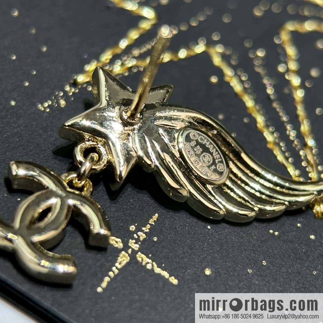 ☀️New ☑️ Chanel C2 double c wings pentagram ⭐ star stud earrings