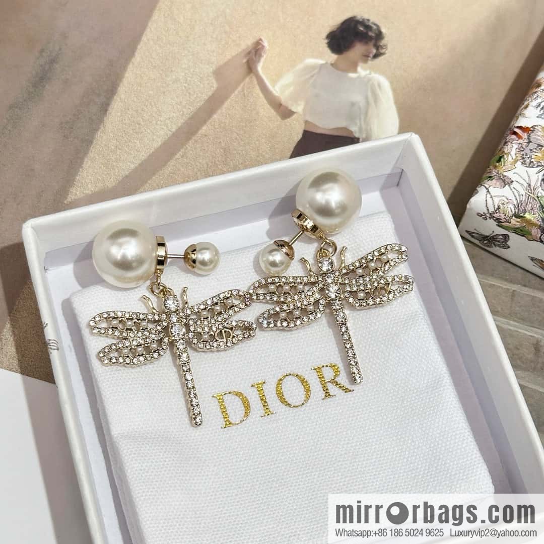 New ☑️ DIOR Dior size pearl dragonfly stud earrings