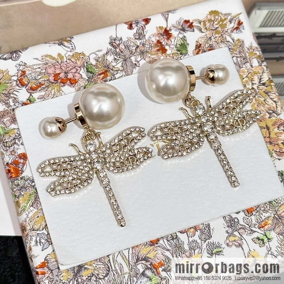 New ☑️ DIOR Dior size pearl dragonfly stud earrings