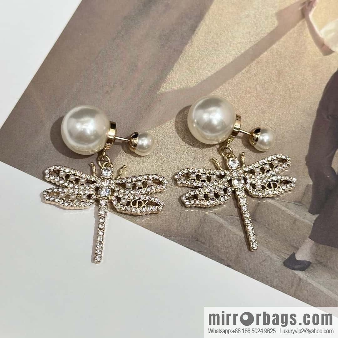 New ☑️ DIOR Dior size pearl dragonfly stud earrings