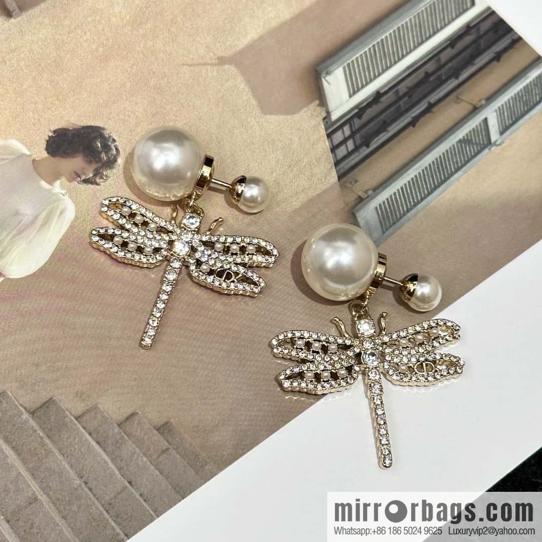 New ☑️ DIOR Dior size pearl dragonfly stud earrings