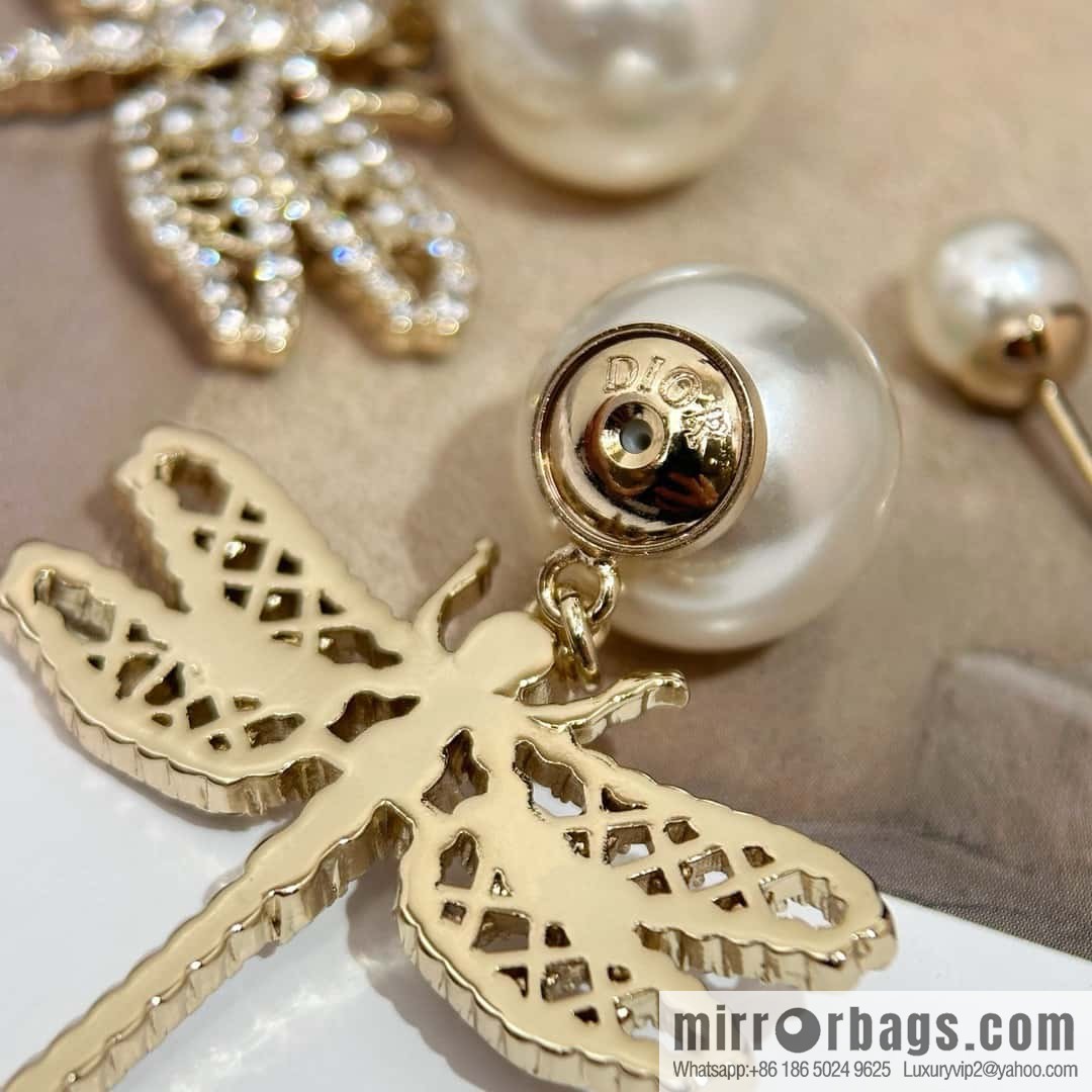 New ☑️ DIOR Dior size pearl dragonfly stud earrings