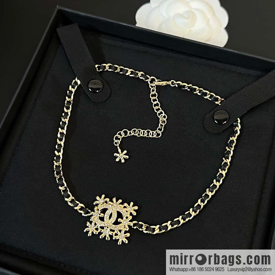 ☀️New ☑️ Chanel Double C Square Flower Black Leather Rope Necklace Necklace Choker ☀️