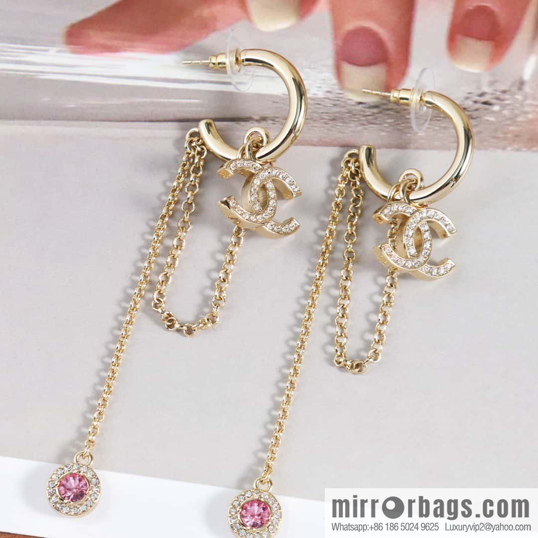 New ☑️ CHANEL Chanel c2 double c tassel pink diamond round stud earrings
