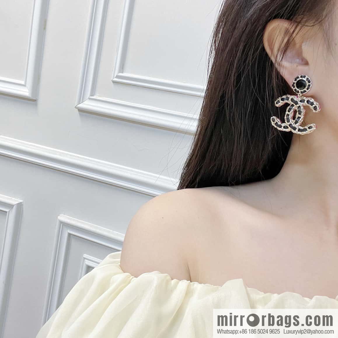 New ☑️ CHANEL Chanel c2 double c black leather rope stud earrings