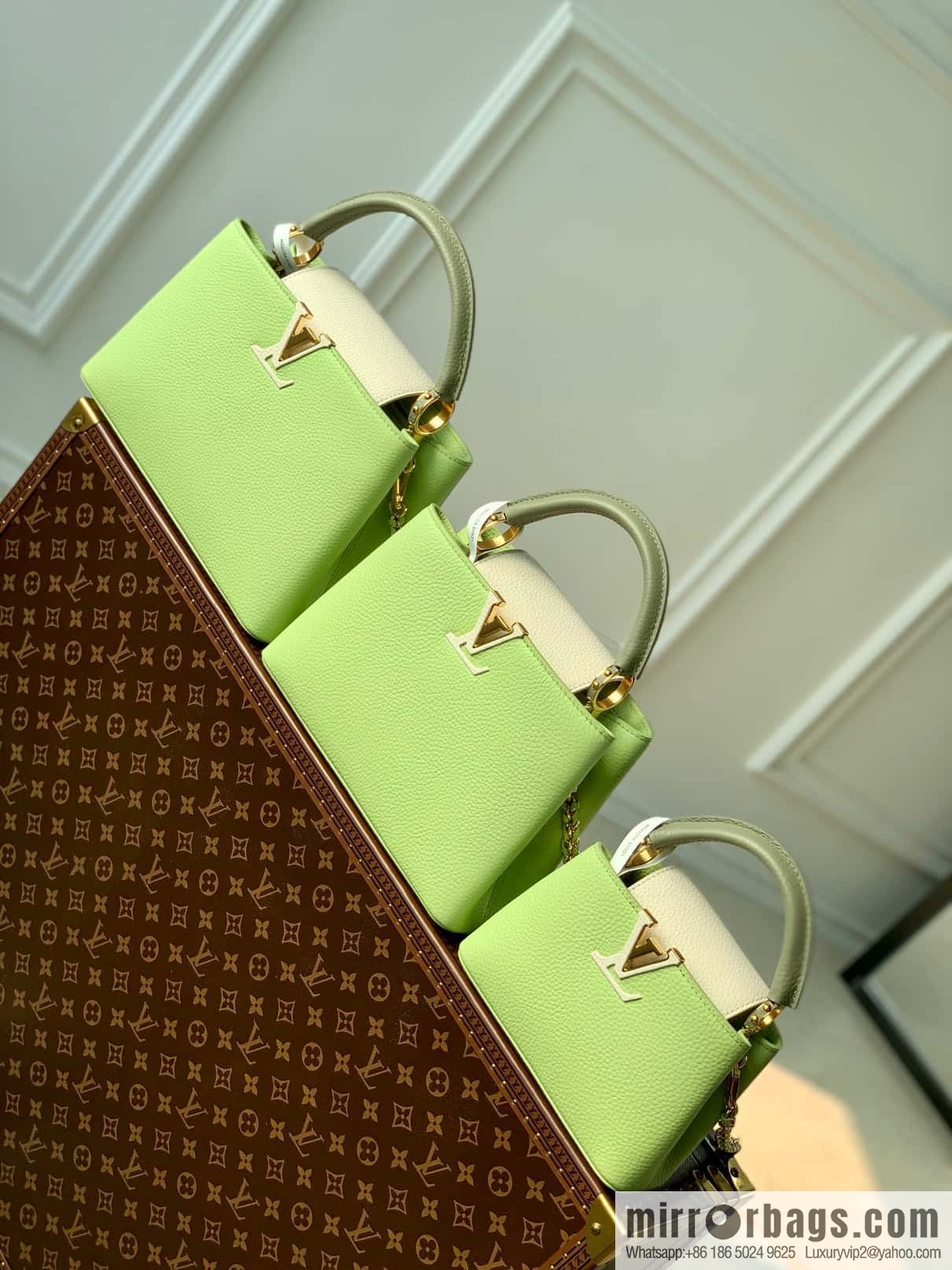 M21689 green with white M22055 CAPUCINES medium handbag