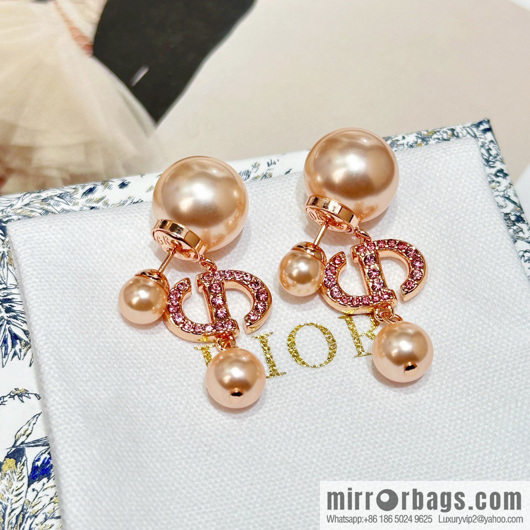 New ☑️ DIOR Dior rose gold CD pink diamond size pearl stud earrings