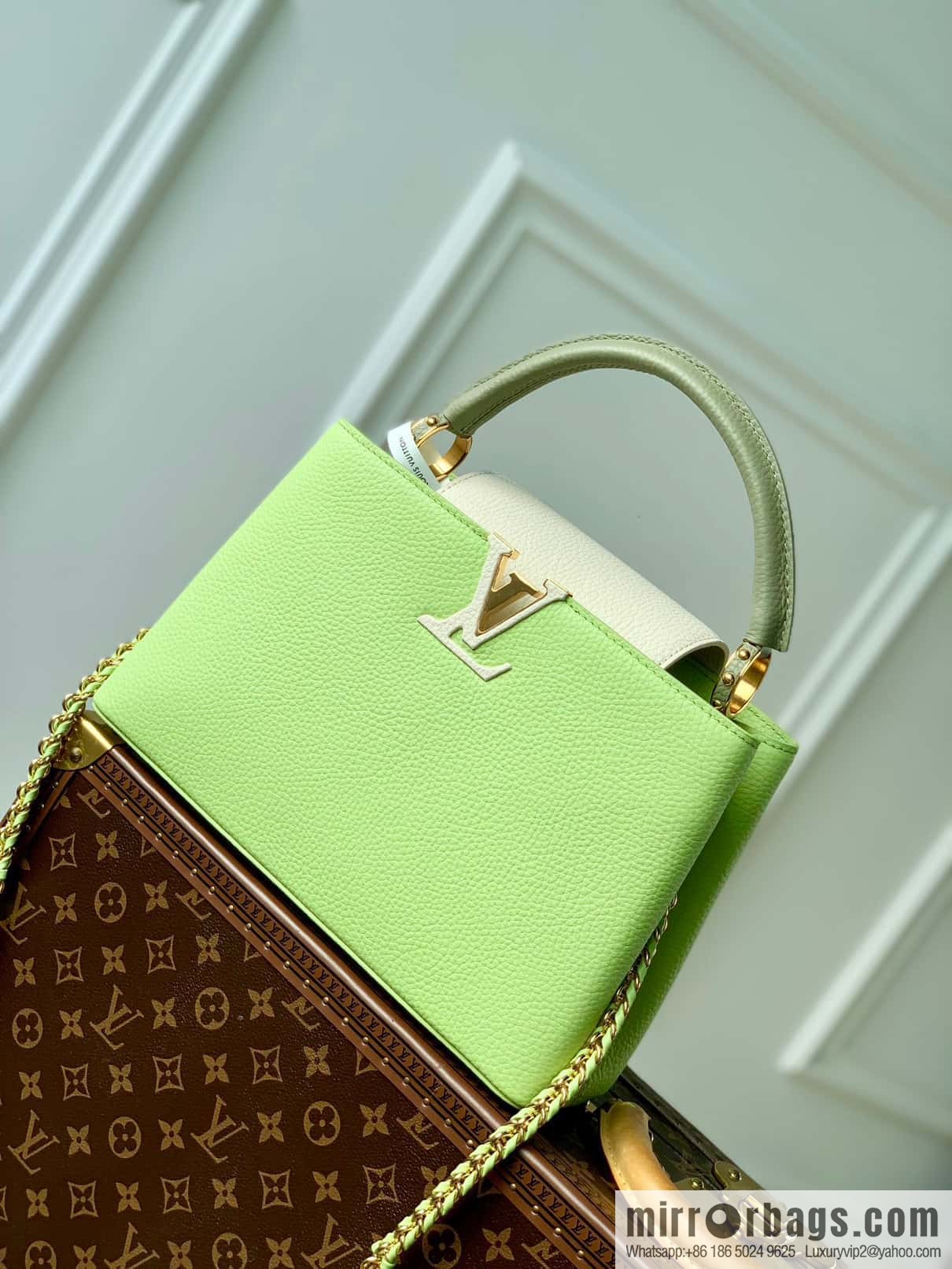 M21689 green with white M22055 CAPUCINES medium handbag