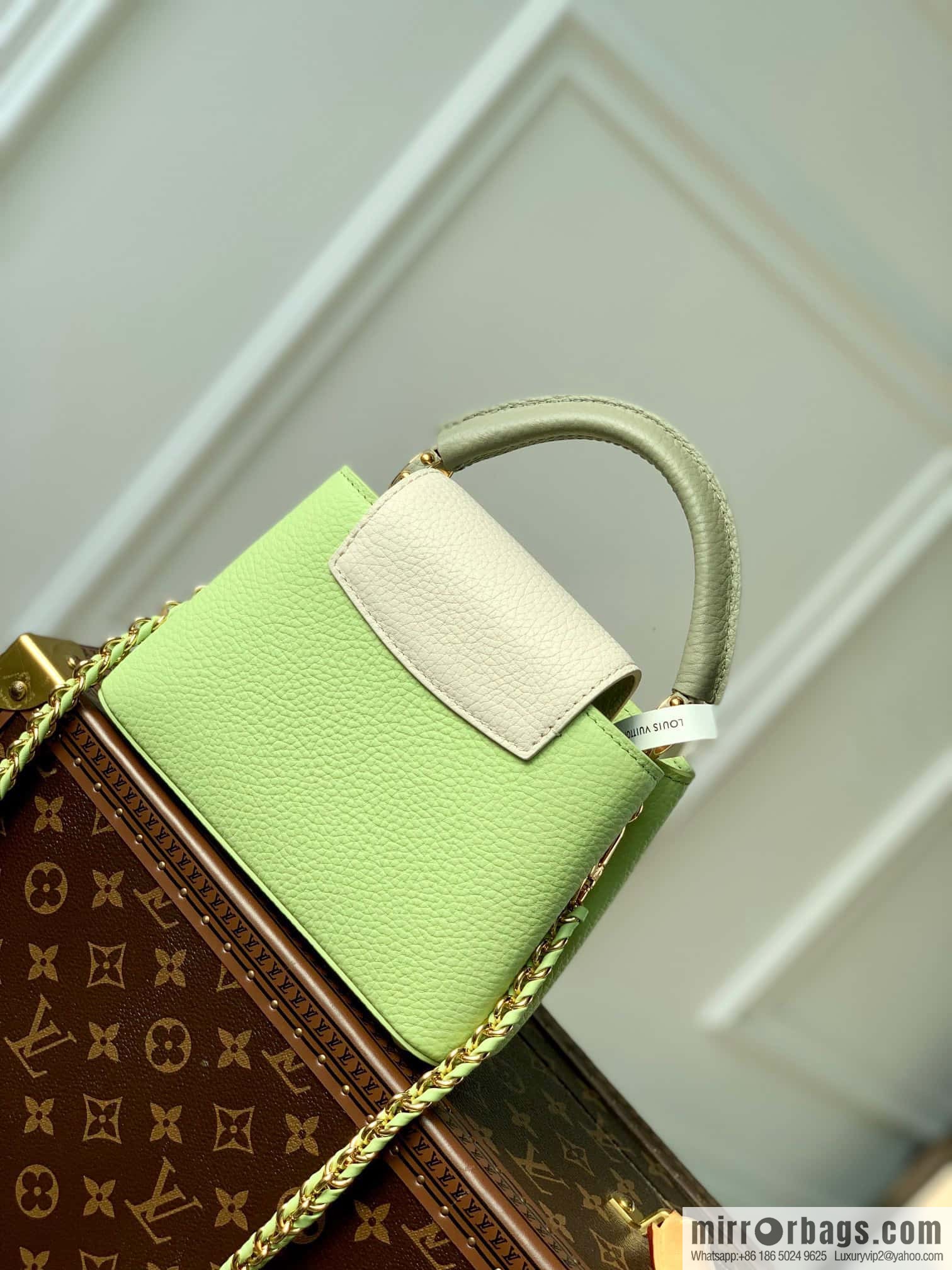 M21689 green with white M22055 CAPUCINES BB handbag