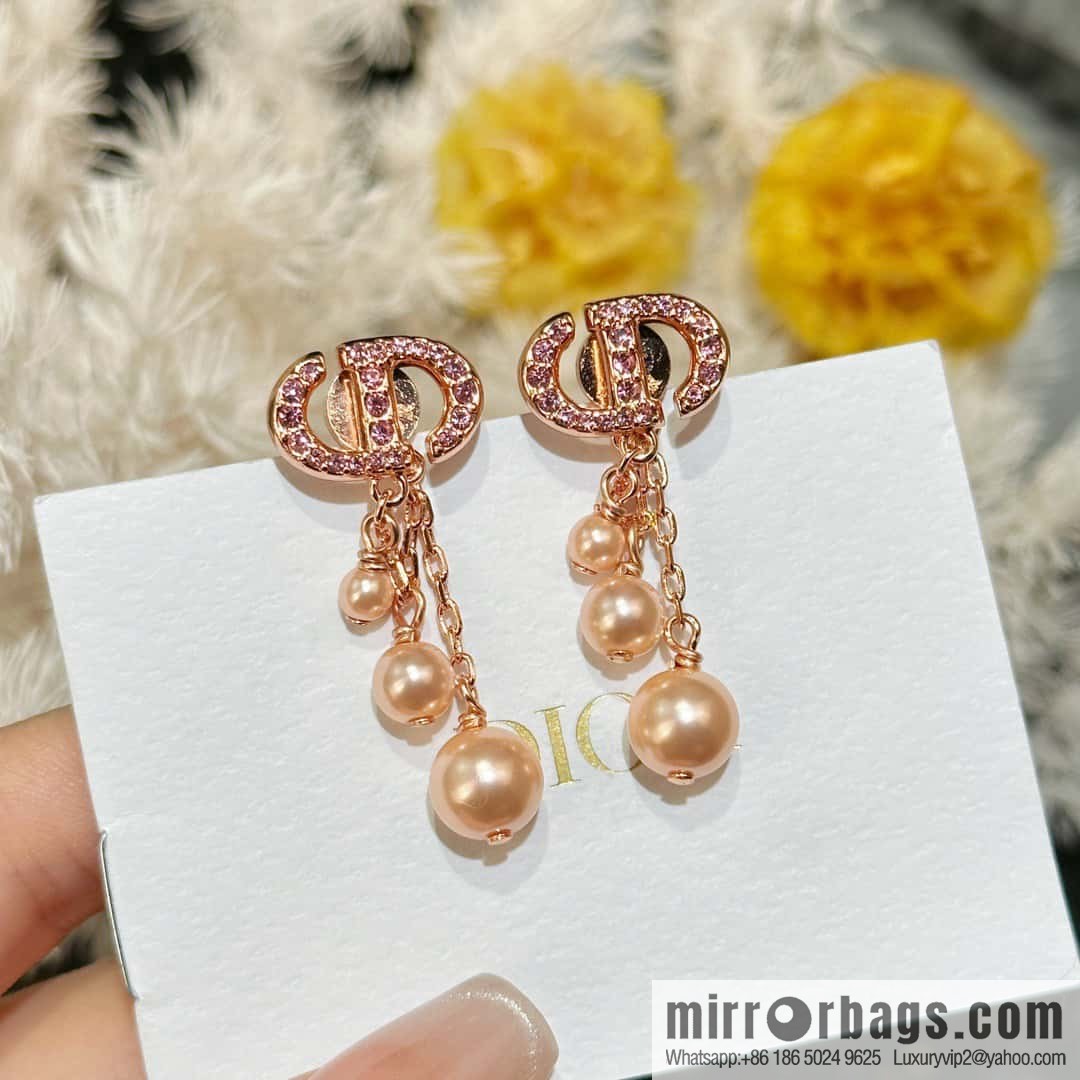 ☀️New ☑️ Dior pink diamond rose gold fringed pearl stud earrings ☀️