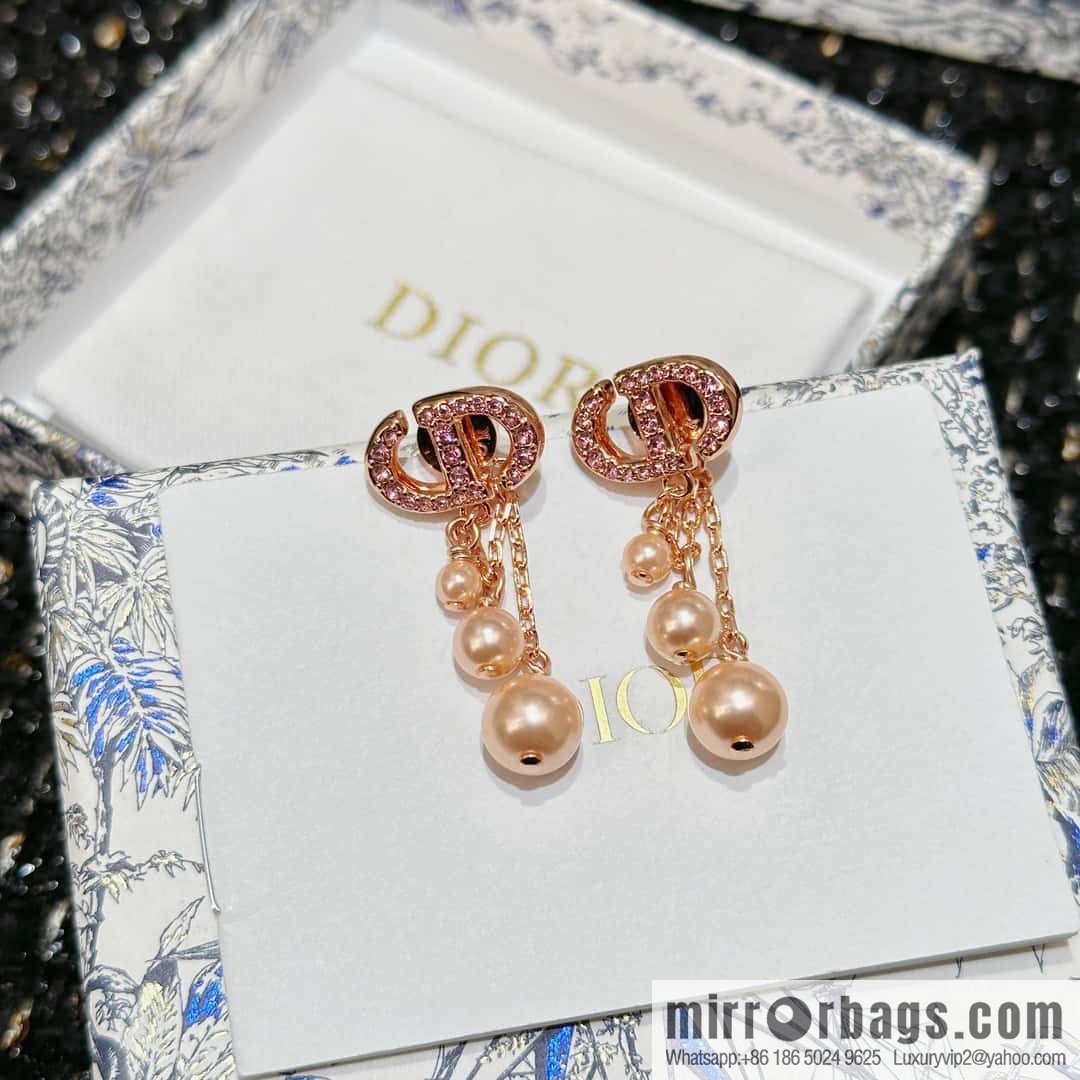 ☀️New ☑️ Dior pink diamond rose gold fringed pearl stud earrings ☀️