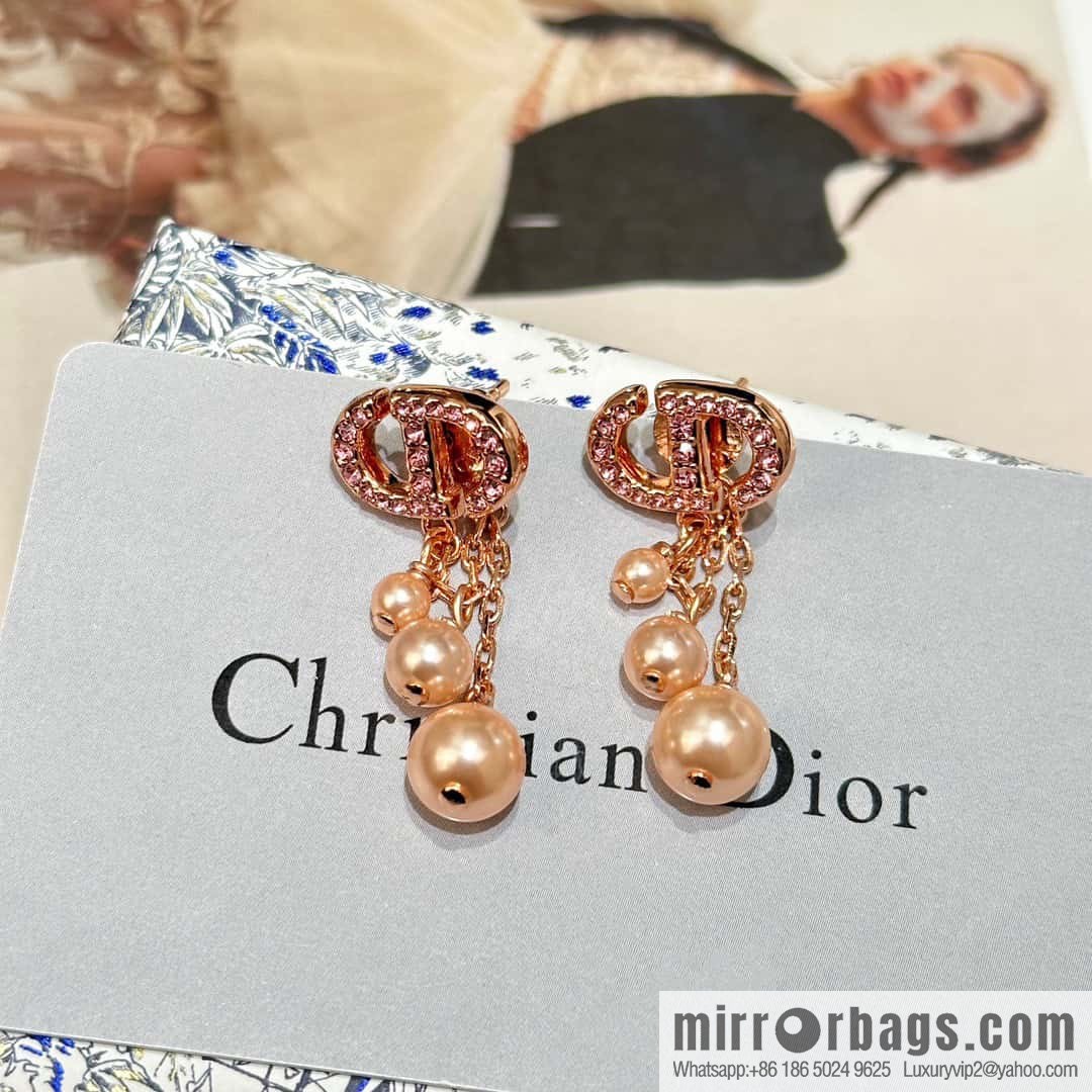 ☀️New ☑️ Dior pink diamond rose gold fringed pearl stud earrings ☀️