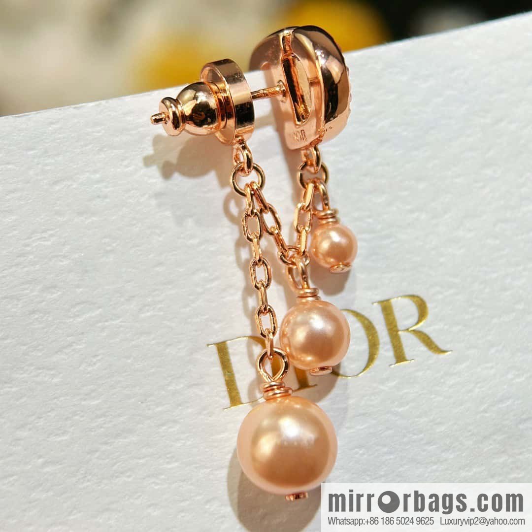 ☀️New ☑️ Dior pink diamond rose gold fringed pearl stud earrings ☀️