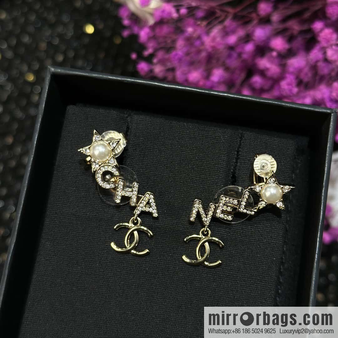 ☀️New ☑️ Chanel double c full diamond letter pentagram ⭐ star earclip stud earrings ☀️