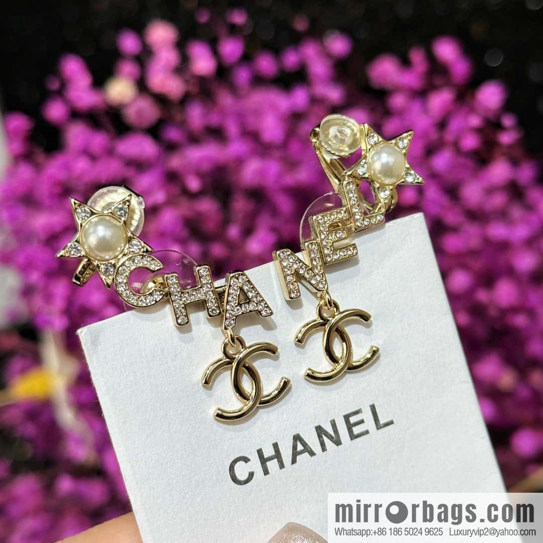☀️New ☑️ Chanel double c full diamond letter pentagram ⭐ star earclip stud earrings ☀️