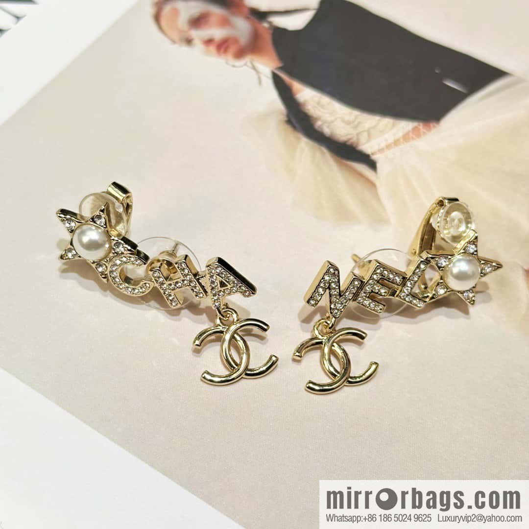 ☀️New ☑️ Chanel double c full diamond letter pentagram ⭐ star earclip stud earrings ☀️