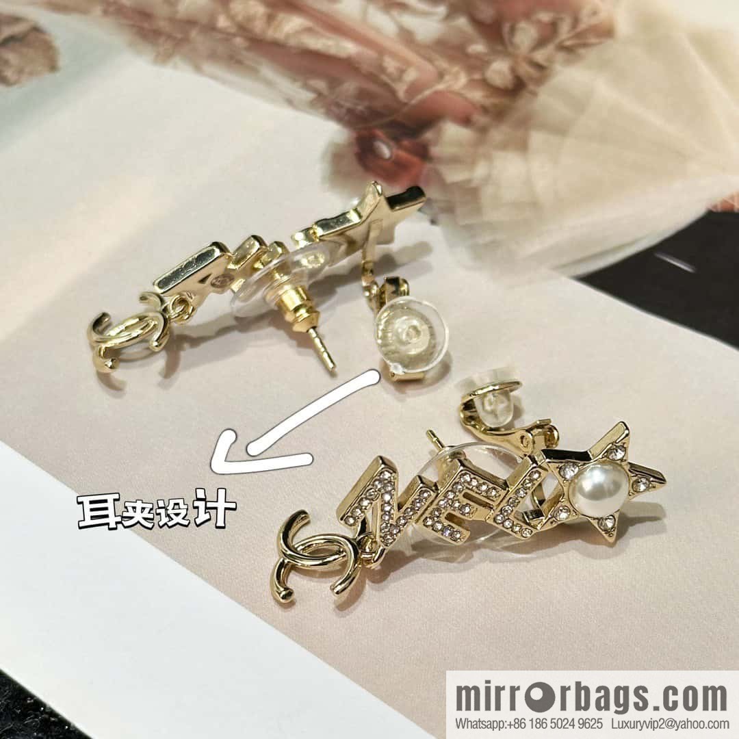 ☀️New ☑️ Chanel double c full diamond letter pentagram ⭐ star earclip stud earrings ☀️