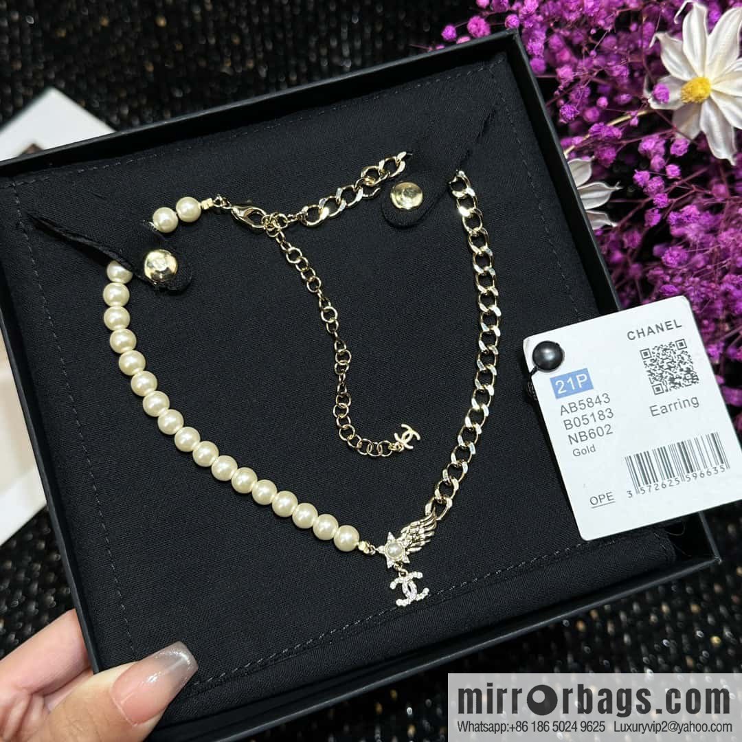 ☀️New ☑️ Chanel Double C Pentagram ⭐ Star Wings Pearl Necklace ☀️
