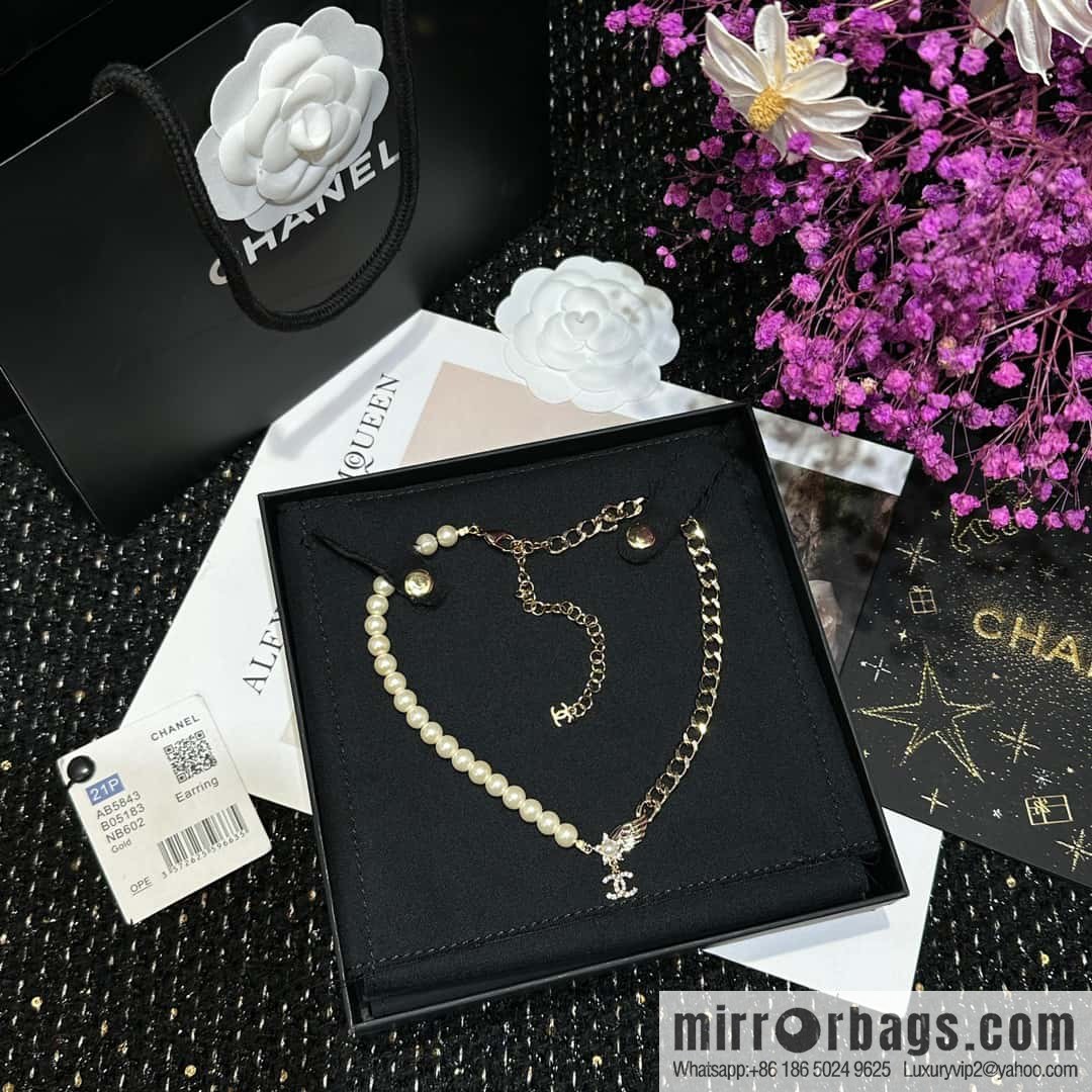 ☀️New ☑️ Chanel Double C Pentagram ⭐ Star Wings Pearl Necklace ☀️