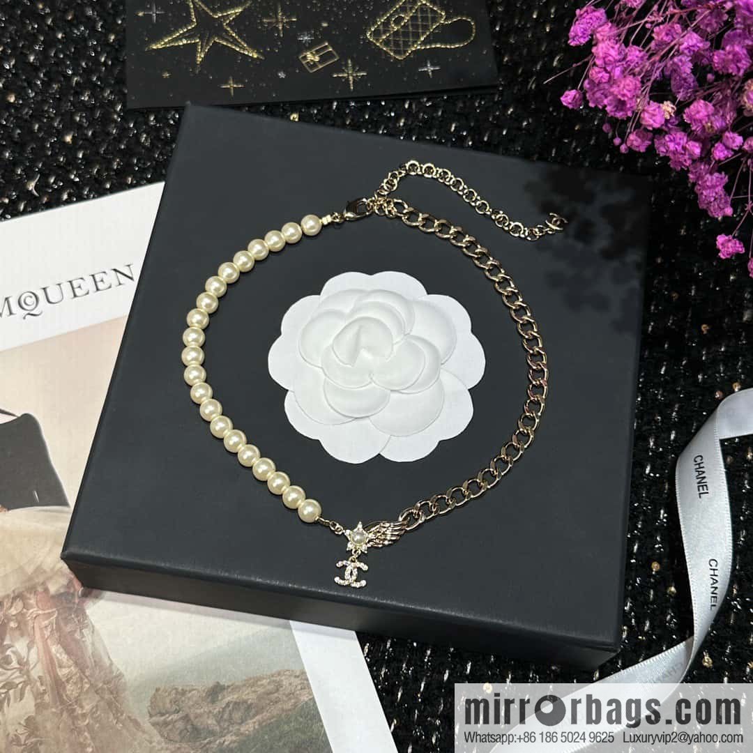 ☀️New ☑️ Chanel Double C Pentagram ⭐ Star Wings Pearl Necklace ☀️