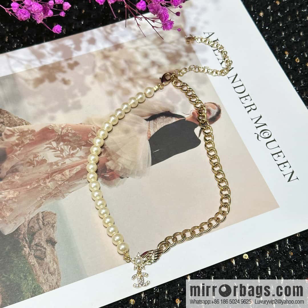 ☀️New ☑️ Chanel Double C Pentagram ⭐ Star Wings Pearl Necklace ☀️