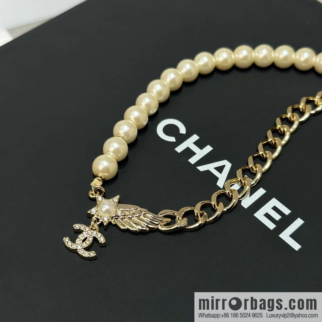 ☀️New ☑️ Chanel Double C Pentagram ⭐ Star Wings Pearl Necklace ☀️