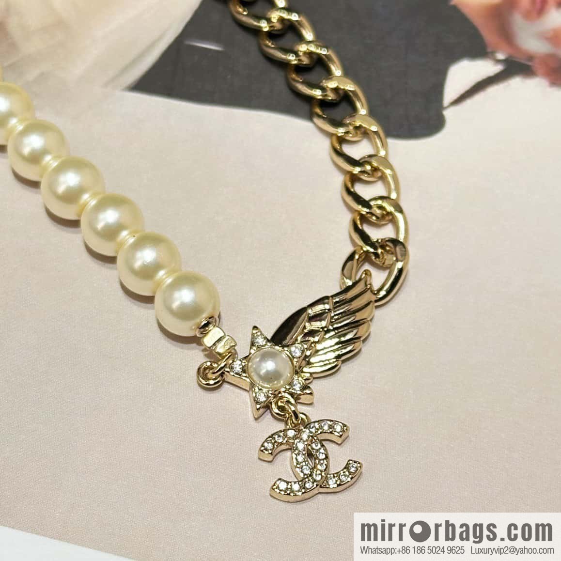 ☀️New ☑️ Chanel Double C Pentagram ⭐ Star Wings Pearl Necklace ☀️