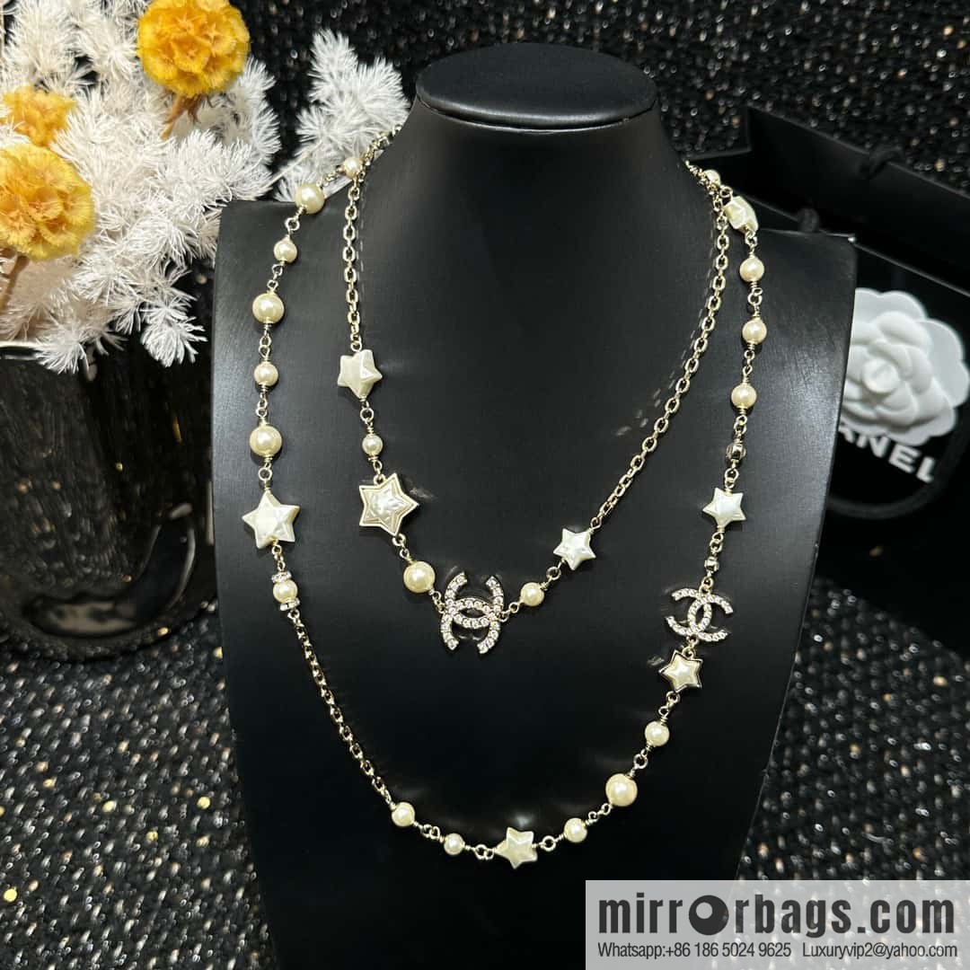 ☀️New ☑️ Chanel Double C Pentagram ⭐ Star Pearl Sweater Chain Necklace ☀️