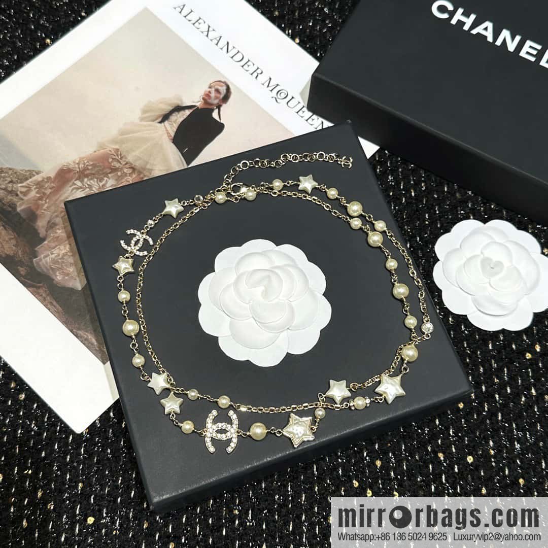 ☀️New ☑️ Chanel Double C Pentagram ⭐ Star Pearl Sweater Chain Necklace ☀️