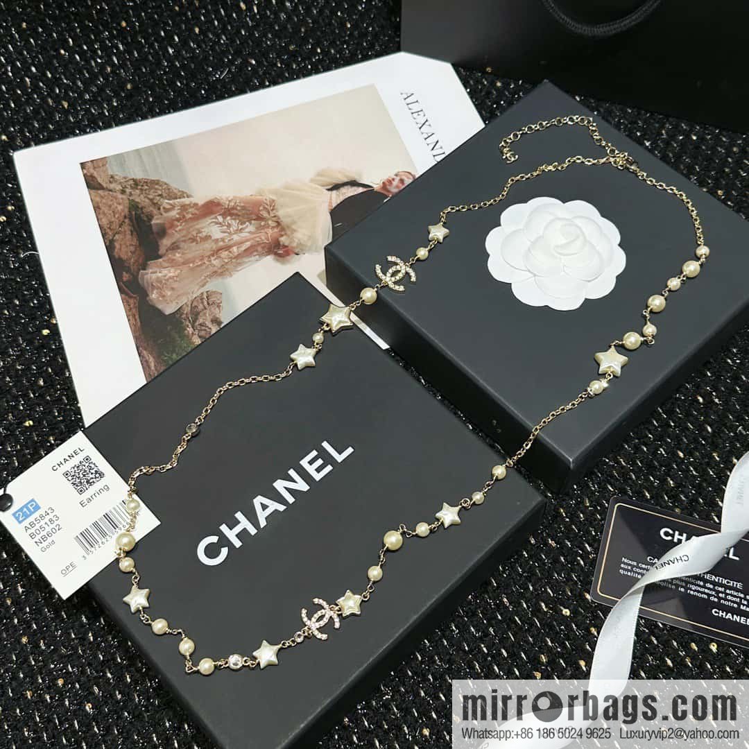 ☀️New ☑️ Chanel Double C Pentagram ⭐ Star Pearl Sweater Chain Necklace ☀️