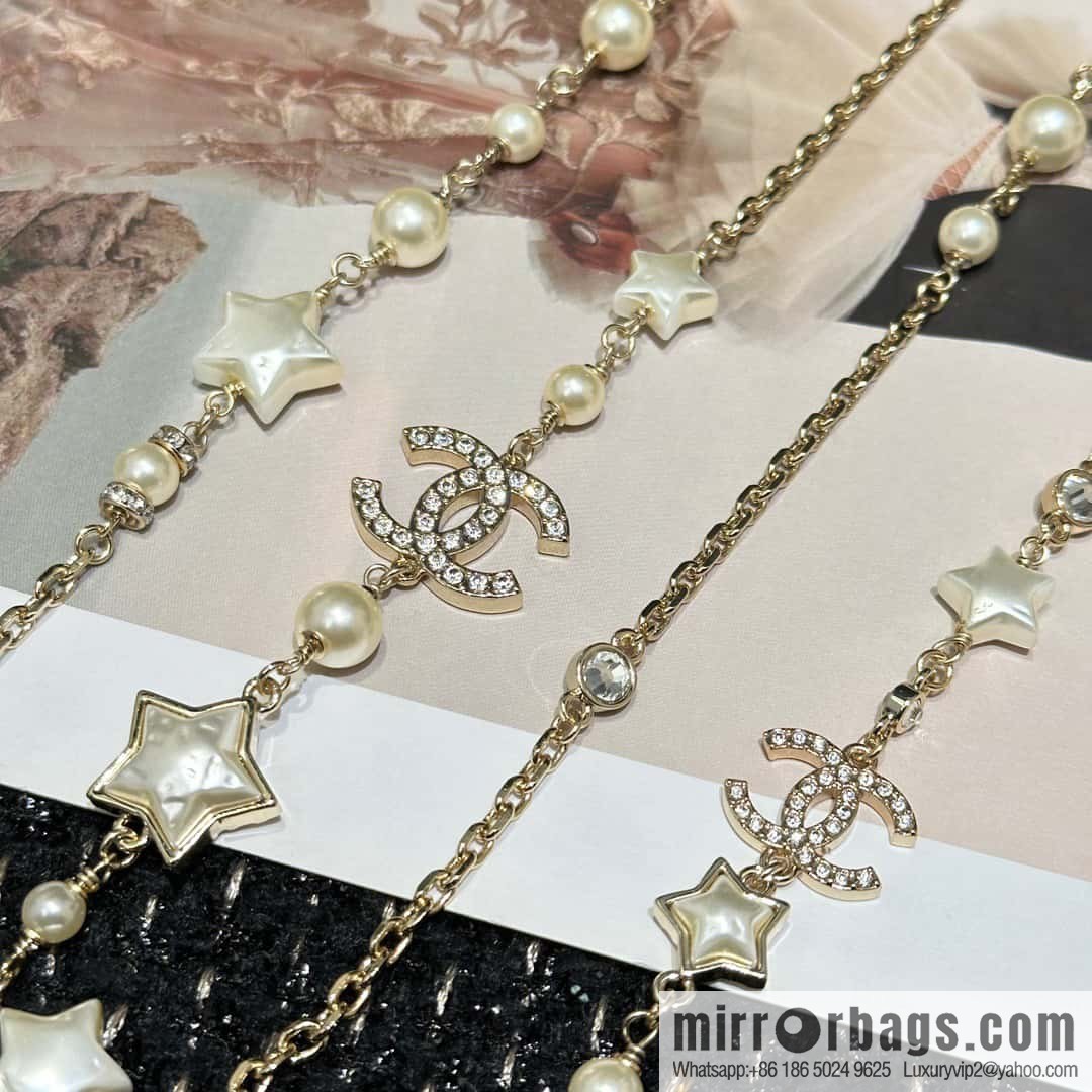 ☀️New ☑️ Chanel Double C Pentagram ⭐ Star Pearl Sweater Chain Necklace ☀️
