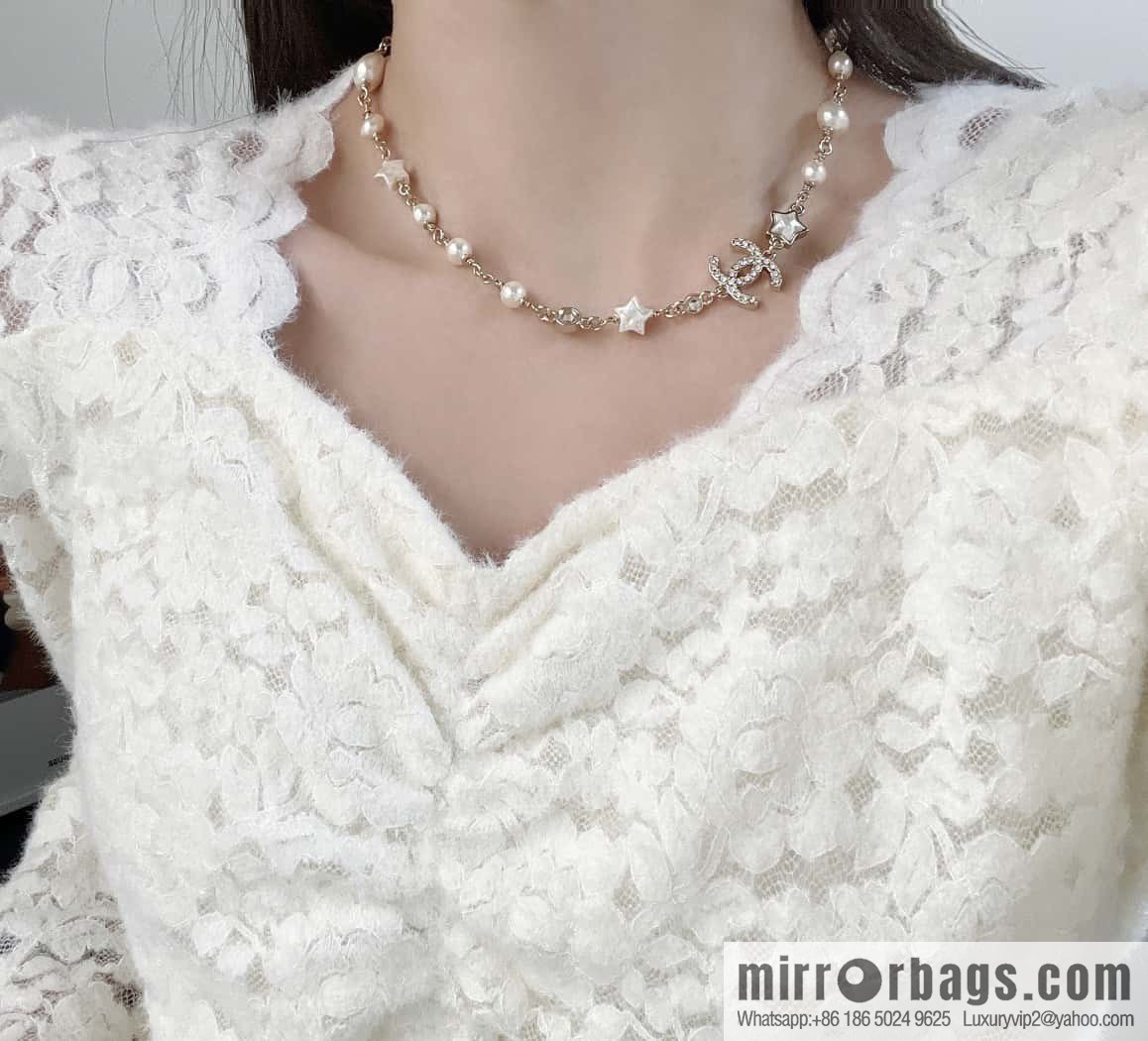☀️New ☑️ Chanel Full Diamond Double C Star ⭐ Pentagram Pearl Necklace ☀️