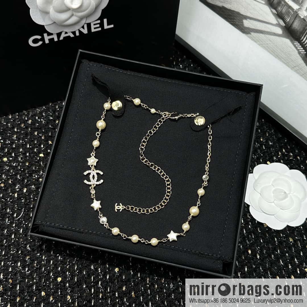☀️New ☑️ Chanel Full Diamond Double C Star ⭐ Pentagram Pearl Necklace ☀️