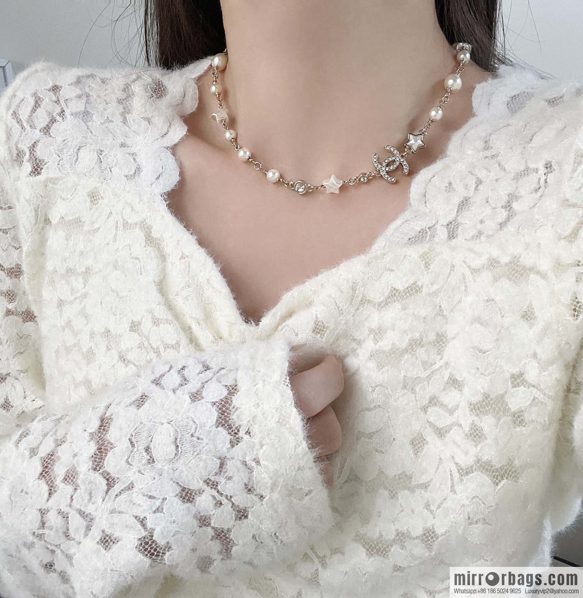 ☀️New ☑️ Chanel Full Diamond Double C Star ⭐ Pentagram Pearl Necklace ☀️