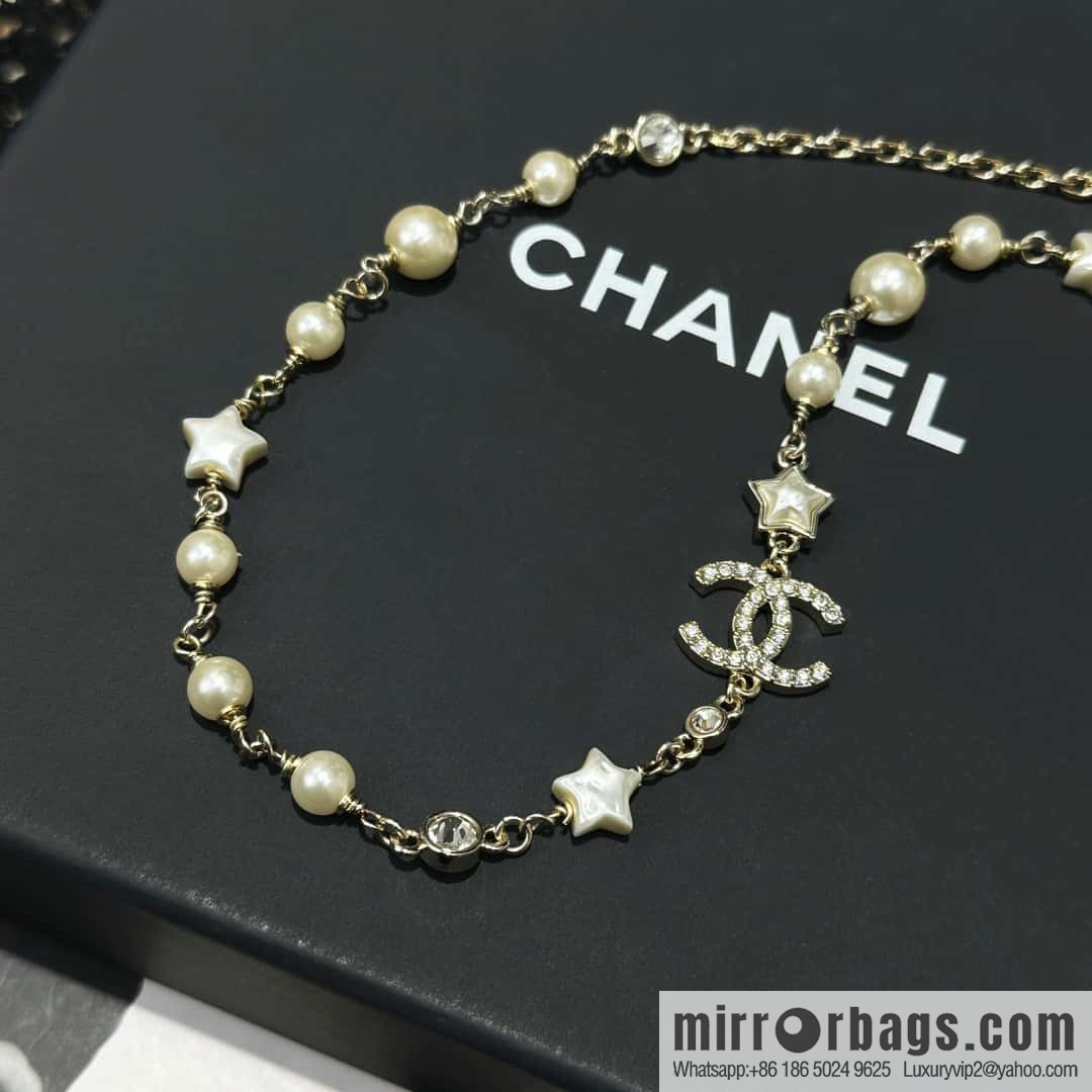 ☀️New ☑️ Chanel Full Diamond Double C Star ⭐ Pentagram Pearl Necklace ☀️
