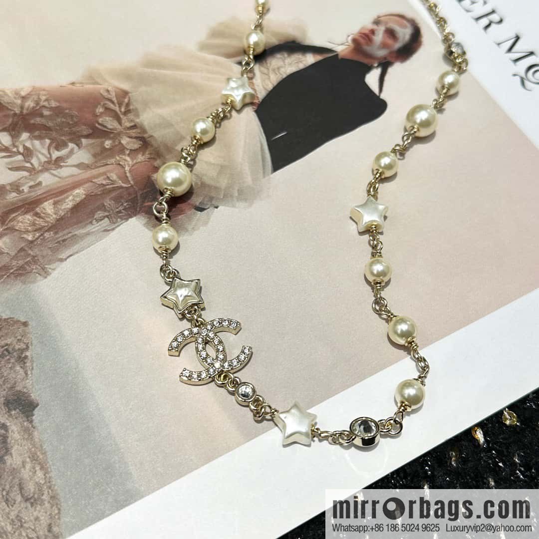 ☀️New ☑️ Chanel Full Diamond Double C Star ⭐ Pentagram Pearl Necklace ☀️