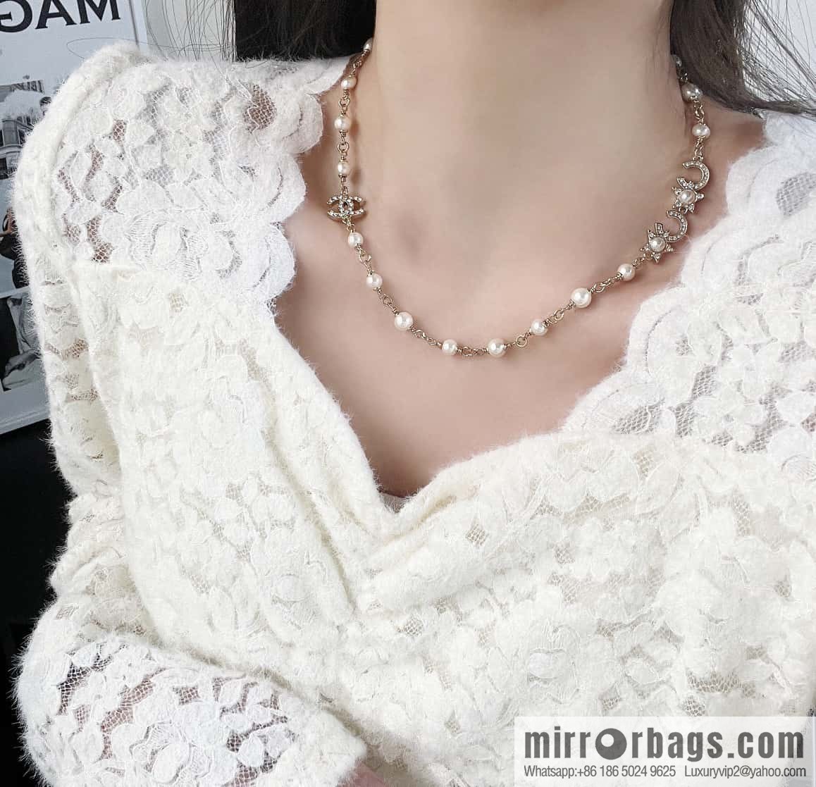 ☀️New ☑️ Chanel full diamond double C pearl coco necklace ☀️