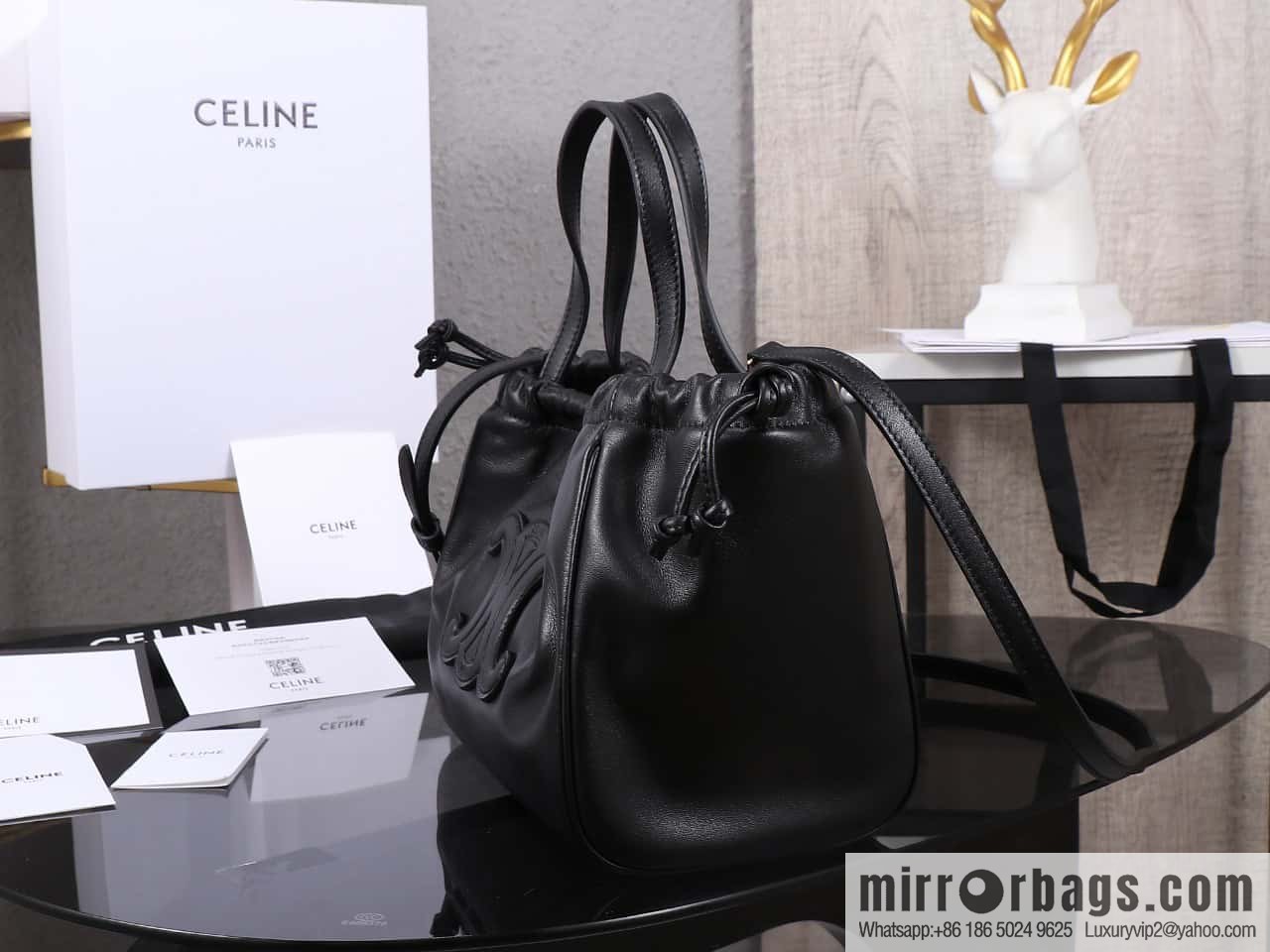 [Premium quality, all-steel hardware 】𝗖𝗘𝗟𝗜𝗡𝗘 new full leather drawstring bag small model: 111013
