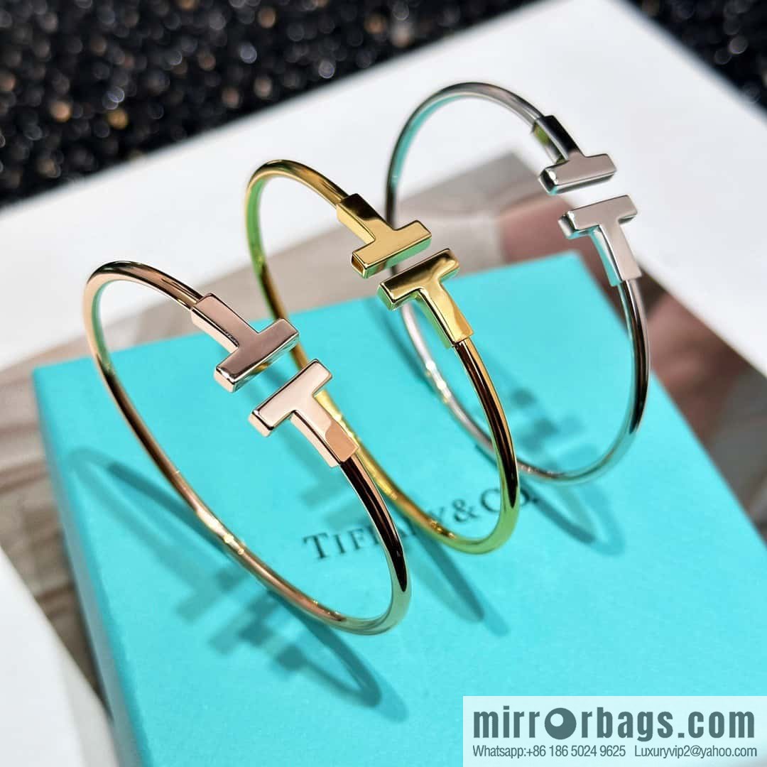 Glossy ☀️ Tiffany & Co, Classic T-Series, Glossy Silver Rose Gold Double T-Bracelet ☀️