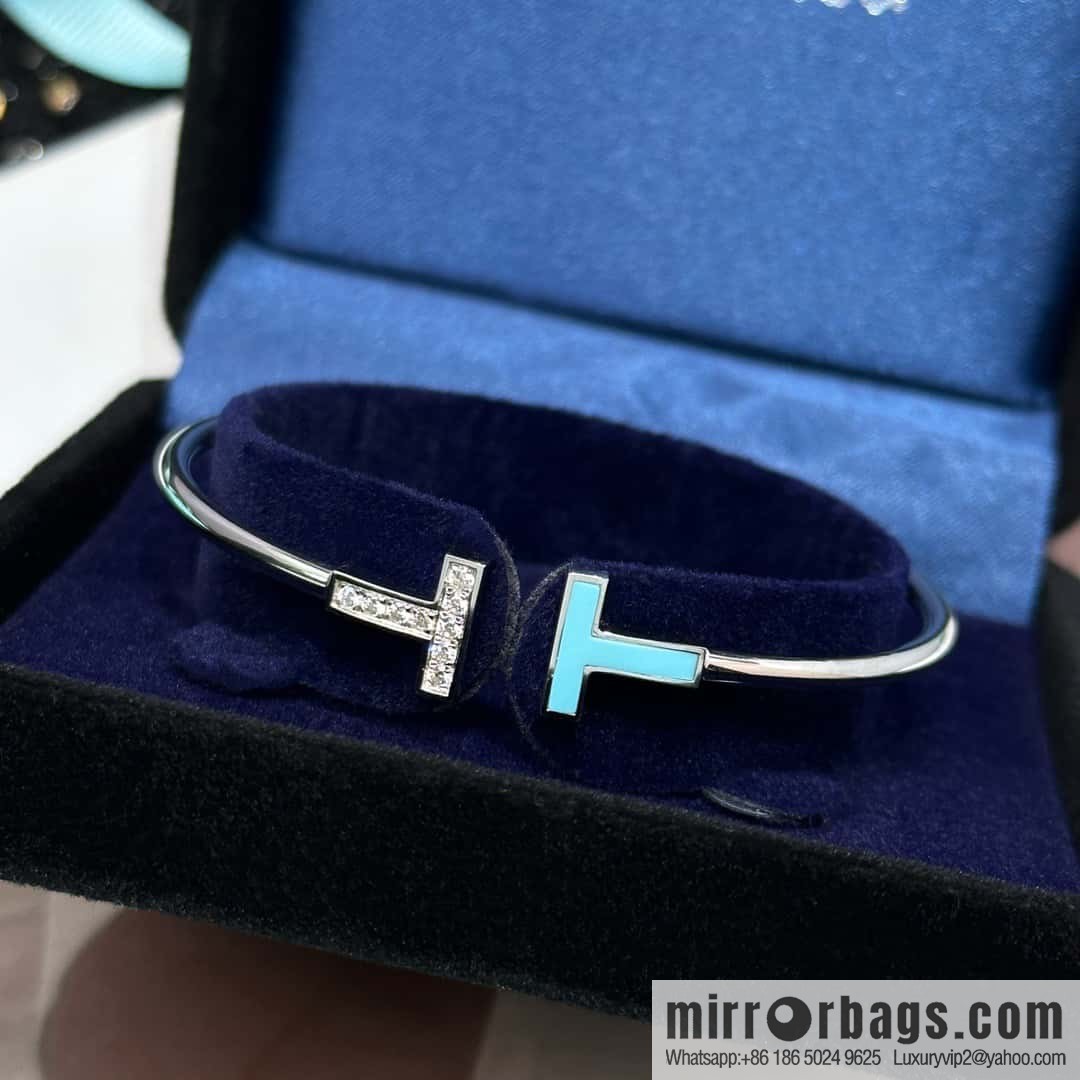 ☀️Turquoise ☀️ Tiffany & co, Classic T Series, Turquoise Silver Double T Bracelet with Diamonds ☀️