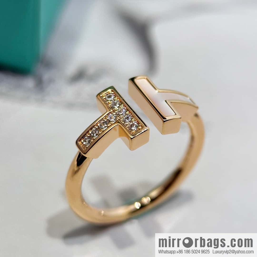 ☀️Tiffany & co Tiffany, classic T series, white shell belt diamond rose gold double T ring ☀️