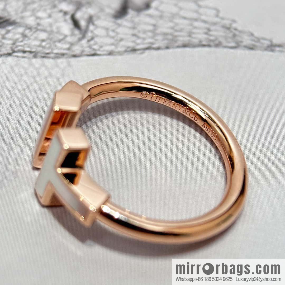 ☀️Tiffany & co Tiffany, classic T series, white shell belt diamond rose gold double T ring ☀️