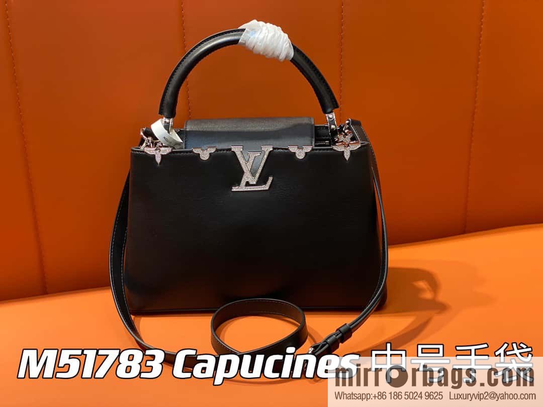 [Original order boutique] M51783 black full leather cap that English series, flower crown and white diamond Capucines medium handbag