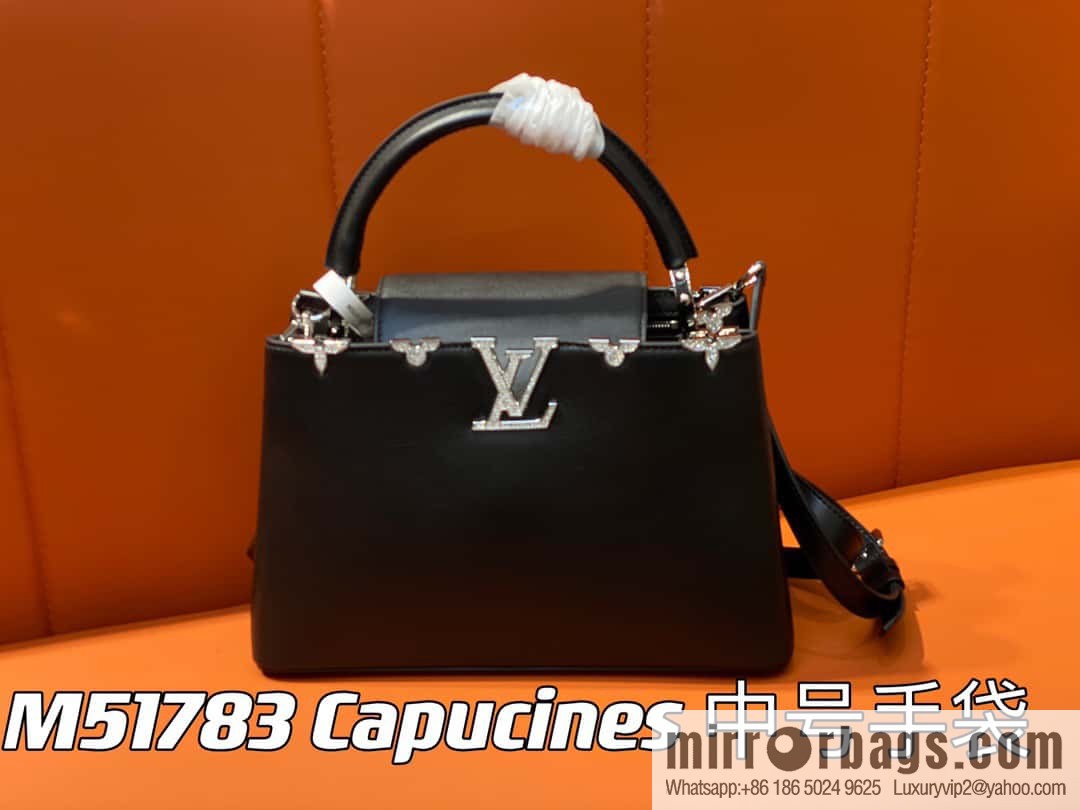 [Original order boutique] M51783 black full leather cap that English series, flower crown and white diamond Capucines medium handbag