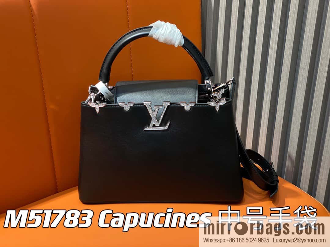 [Original order boutique] M51783 black full leather cap that English series, flower crown and white diamond Capucines medium handbag