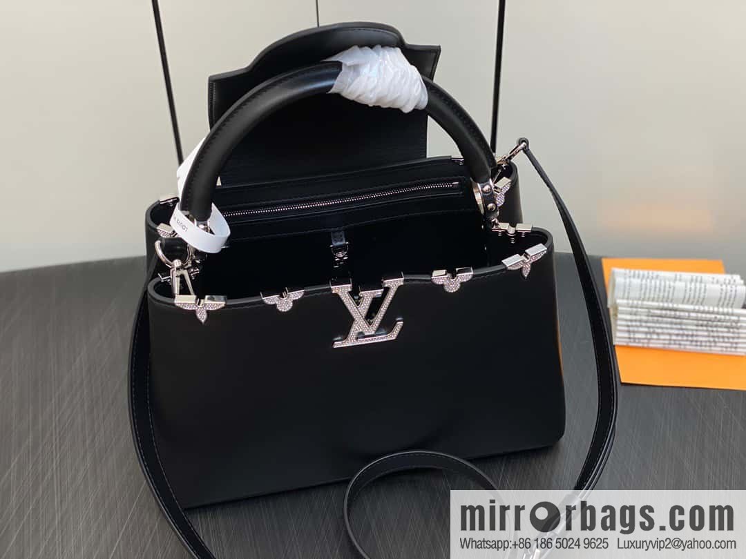 [Original order boutique] M51783 black full leather cap that English series, flower crown and white diamond Capucines medium handbag