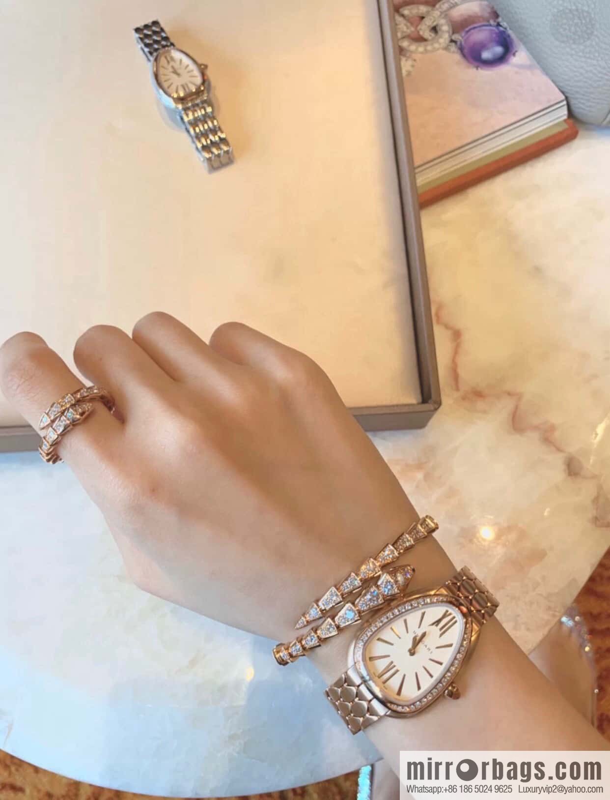 ☀️Bulgari BVLGARI Narrow Edition Full Diamond Snake Bone Bracelet ☀️ Rose Gold, Silver ☀